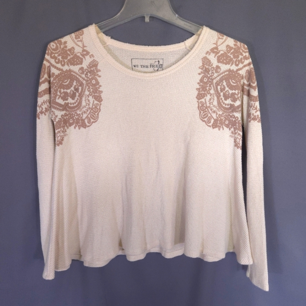 Free People Waffle Knit Blouse Cream Size XS Boho‎ Hippie Western
